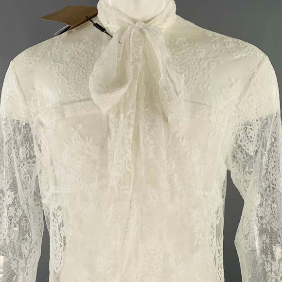 BURBERRY White Lace Viscose Blend Bow Long Sleeve Shirt - Picture 2 of 6